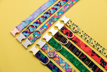 Load image into Gallery viewer, Bright Colored Geometric Water Resistant Dog Collar with Frogs Faces Musical Notes