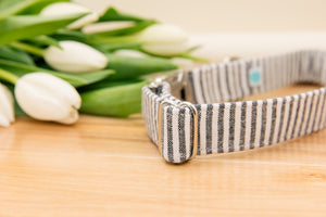 Blue-Grey Striped Linen Customizable Dog Collar