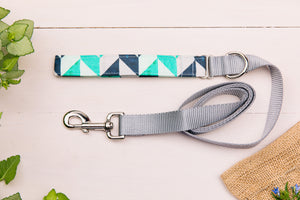 Pastel Blue and Navy Herringbone Matching Dog Leash