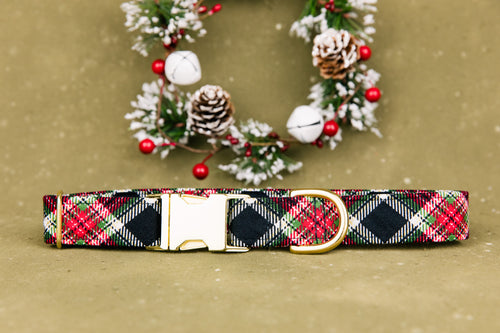 Black and Red Winter Plaid Dog Collar