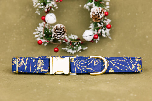Blue Gilded Winter Floral Dog Collar