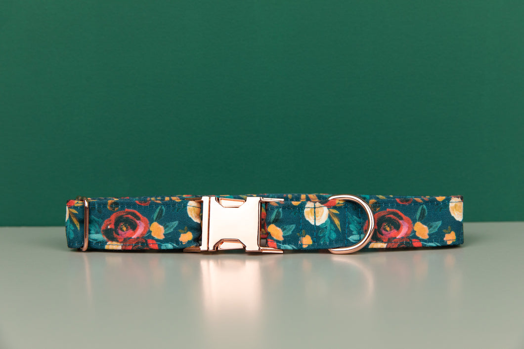 Rich Teal Floral Water Resistant Dog Collar